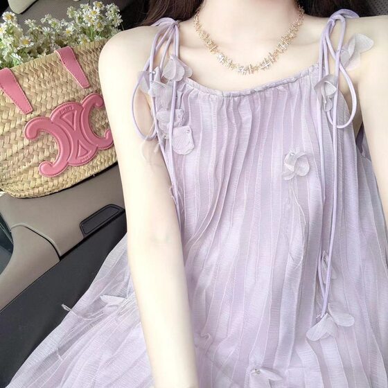 Pure Sweet and Spicy Purple Sling dress Women's Gentle Style Seaside Vacation Super Good-looking Slimming Elegant Long Dress for Summer