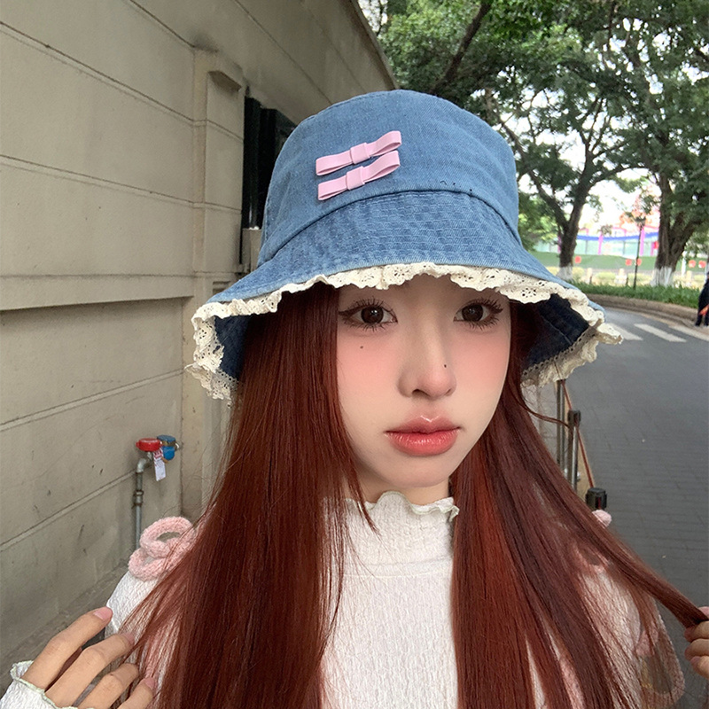 Japón encantador sombrero de cubo de agua, pequeño sombrero retro, encaje, arco, sombrero de pescador, vaquero, mujer