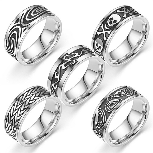 Vintage European and American Style Titanium Steel Ring, Fashion Engraved and Oiled Men's Finger Ring, Amazon Hiyin Supply Wholesale
