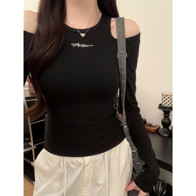 748# 40 cotton 210g (92 cotton/8 spandex) spring open shoulder long sleeve T-shirt women embroidered slim fit