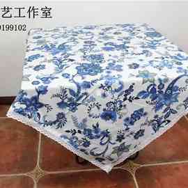 定 制新款中国风中式青花瓷小圆形正方形亚棉麻餐桌布艺茶几盖巾