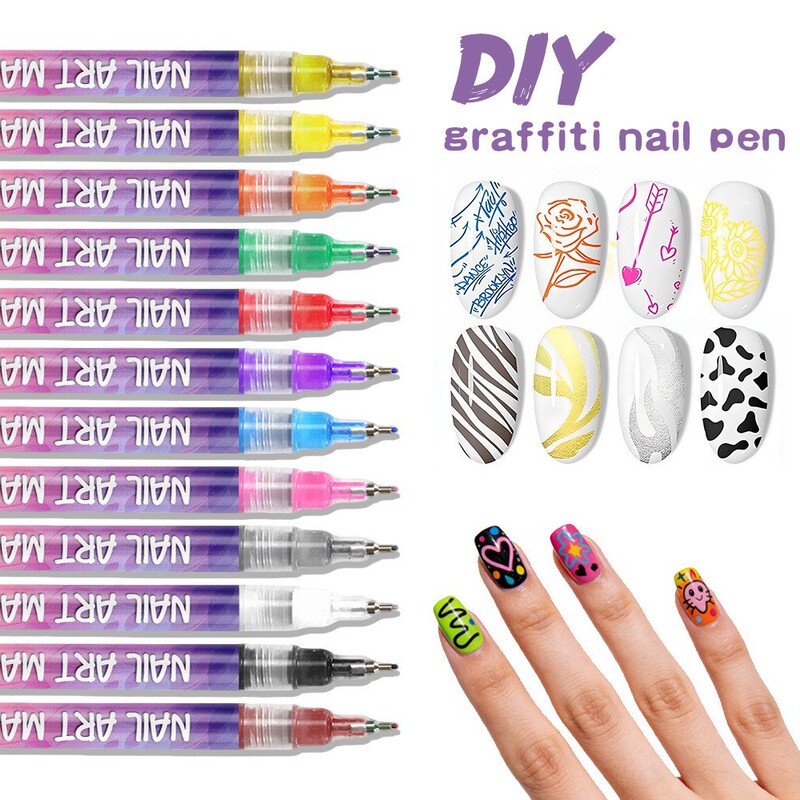 Cross-Border 12-Color Nail Art Pen Set DIY Nail Art Pen Dotting Tool Internet Celebrity Style