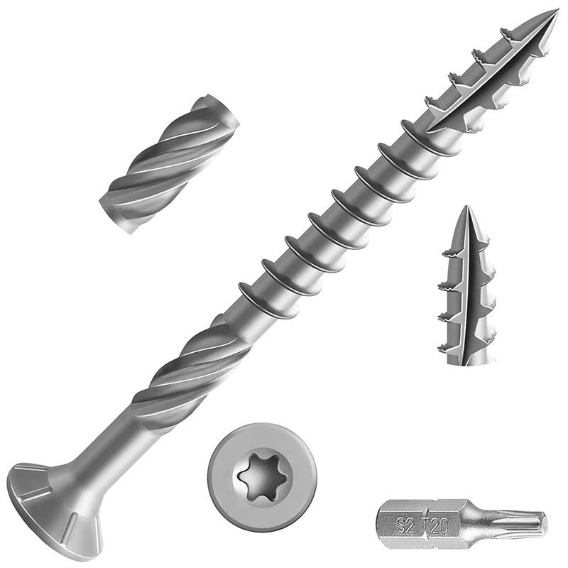 Silver anti-rust countersunk wood screws with knurled heads for quick installation; outdoor landscape anti-corrosion hardwood screws with a star-shaped head Silver anti-rust countersunk wood screws with knurled heads for quick installation; outdoor landscape anti-corrosion hardwood screws with a star-shaped head