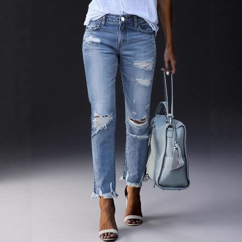 Cross-Border Stretchy Cropped Skinny Jeans, European and American Versatile Trendy Brand, Ripped Blue Temu Raw Hem Jean Independent Store Cross-Border Stretchy Cropped Skinny Jeans, European and American Versatile Trendy Brand, Ripped Blue Temu Raw Hem Jean Independent Store
