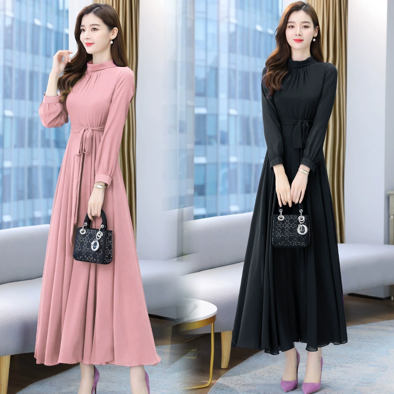 Fitted chiffon long‑sleeve maxi dress, spring beach style, S–4XL