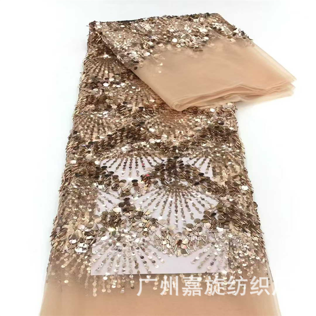 Vestido de fiesta largo de encaje con lentejuelas en forma de abanico, estilo europeo y americano, para pasarela, bodas y espectáculos, con tela bordada de lentejuelas.