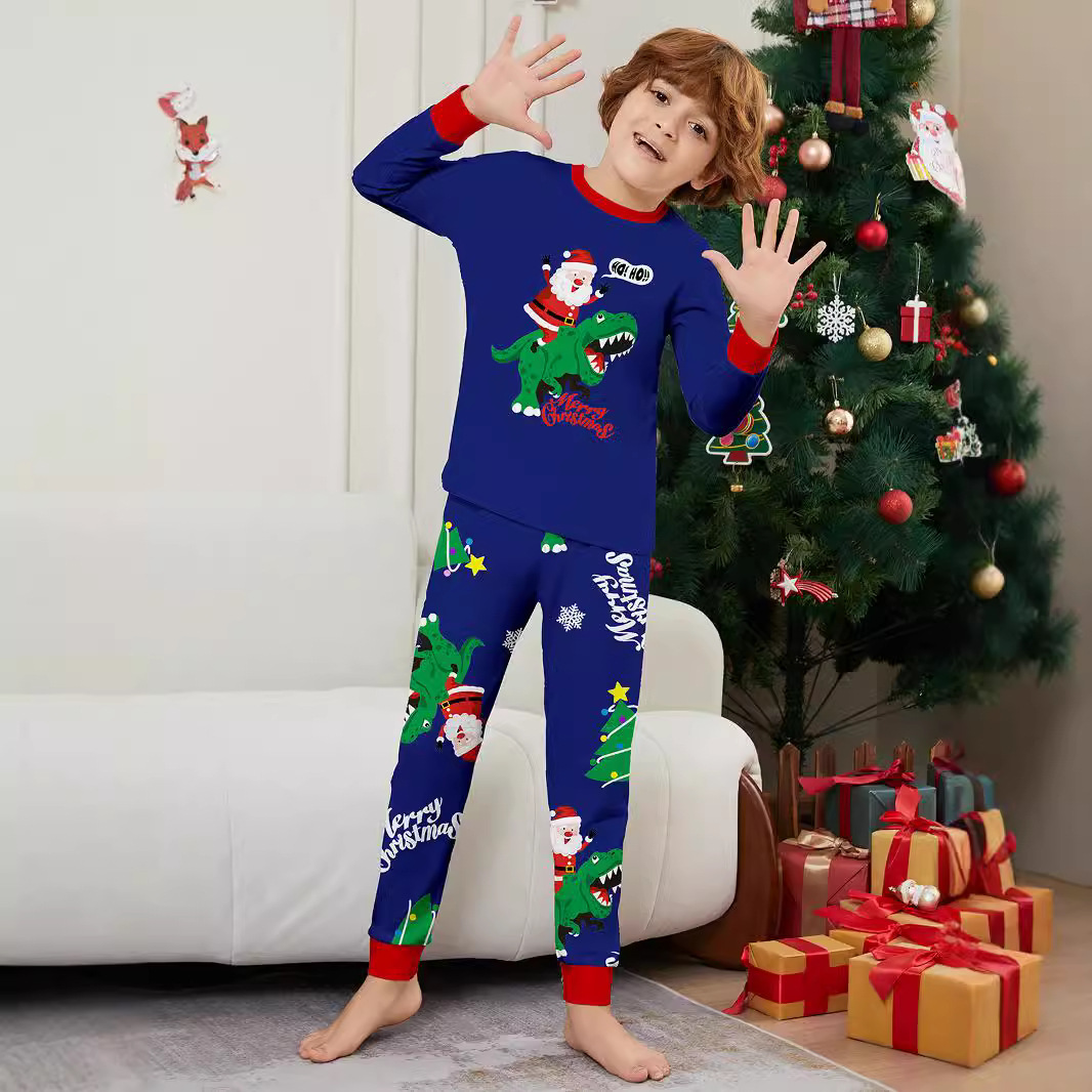 Božićna kućna odjeća Obiteljska odjeća Zelena pidžama s printom dinosaura Djeda Mraza Plavo odijelo_voghion.com
