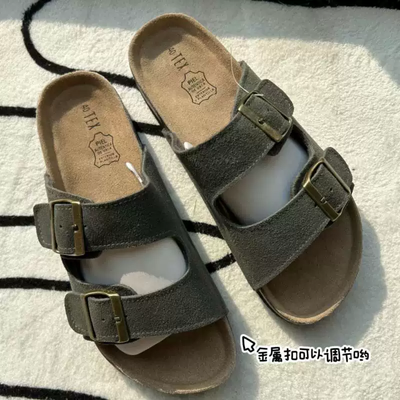 Мужская обувь, летние новые стильные уличные повседневные сандалии из воловьей кожи в стиле ретро на пробковой подошве с двумя пуговицами, тапочки, обувь Birkenstock, полутапочки