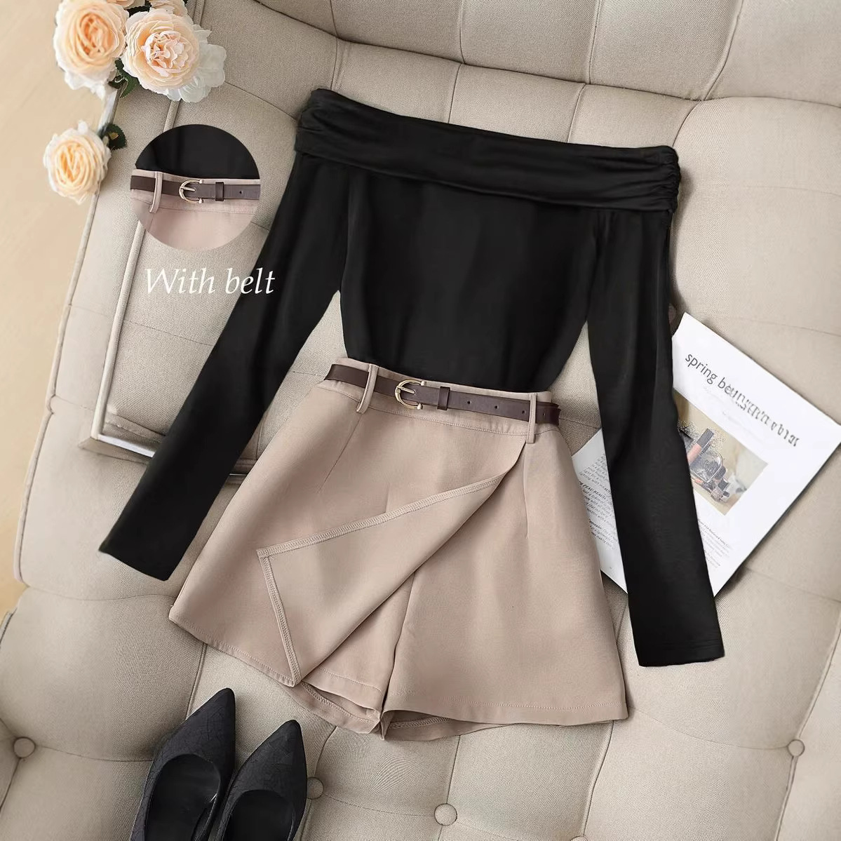 Women's Off-Shoulder Long Sleeve T-Shirt Shorts Skirt Set_ecoleips.com