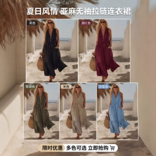 跨境欧美2026女装波西米亚休闲复古口袋V领连衣裙