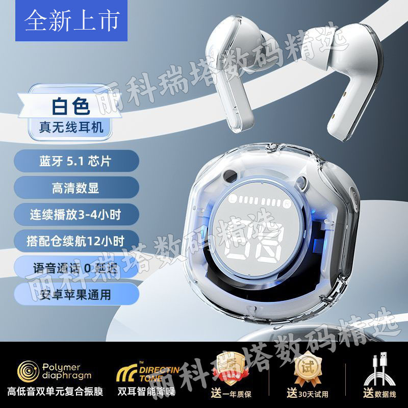 2024 透明デジタルディスプレイヘッドフォン超長バッテリー寿命ワイヤレス Bluetooth スポーツ新しいインイヤーノイズリダクション高品質携帯電話|undefined