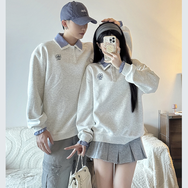Special Couple Outfits for Autumn and Winter, New Versatile College-Style Color-Blocking Design, Versatile Polo Collar Long-Sleeve Sweatshirt