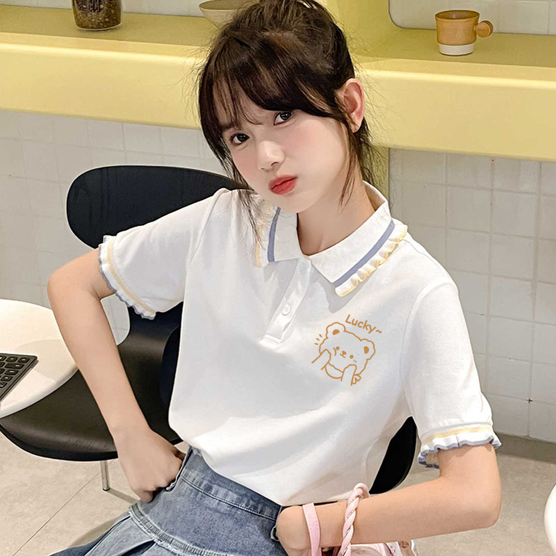 Junior high school girl polo shirt short-sleeved student summer girls' all-match lapel design sense shoulder T-shirt top Junior high school girl polo shirt short-sleeved student summer girls' all-match lapel design sense shoulder T-shirt top