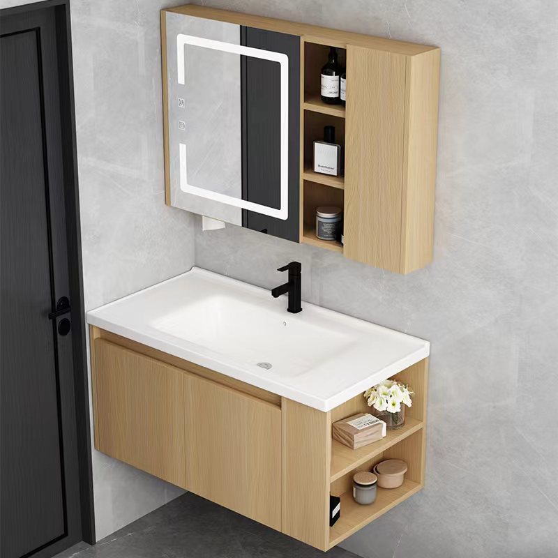 Mueble de baño de madera maciza lavabo de baño combinación de gabinete de cerámica cuenca integrada Lado de almacenamiento lavado cara inteligencia