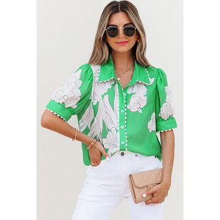 2025 Spring and Summer New Half Sleeve Shirt Women's European and American Casual Floral Printed Ruffled Lace Loose Shirt Women