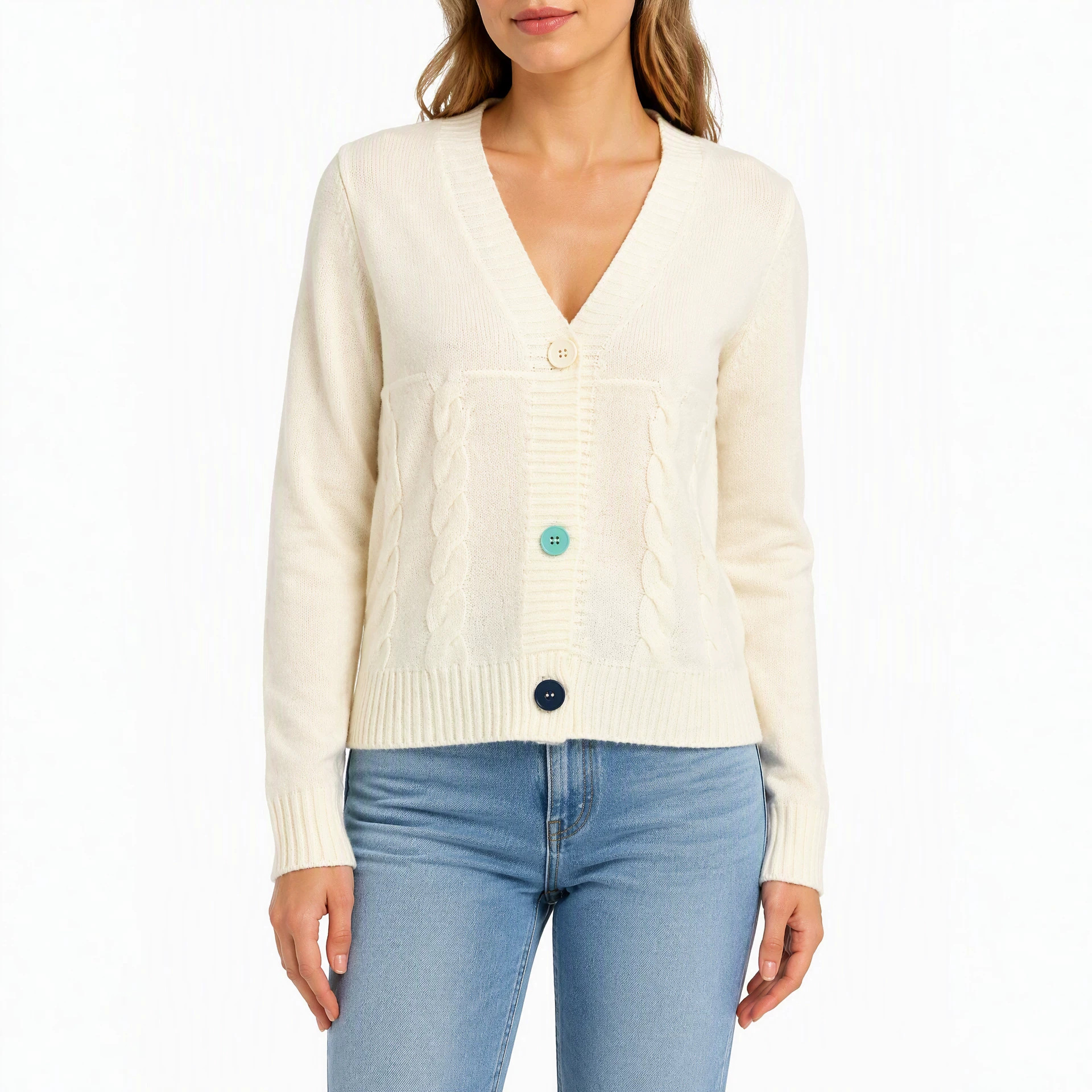 Colorful buttons V-neck twist knitted cardigan women's short soft waxy long-sleeved sweater coat autumn and winter versatile top