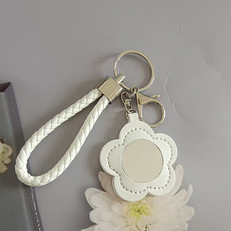 创意花朵小镜子真皮编织绳钥匙扣小镜子补妆便携包包挂件饰品配件|undefined