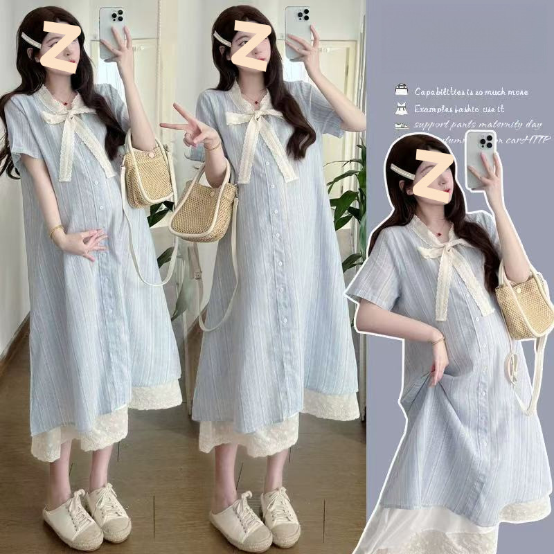 Maternity Summer Dress Korean Style 2025 Summer Maternity Dress Single-Breasted Lace Stitching Bow Fake Two-Piece Dress