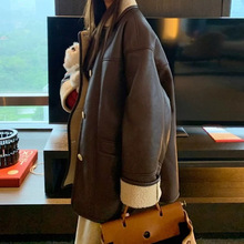 现货厂家批发 咖色羊羔毛外套 撞色翻领加绒加厚皮毛一体机车棉服