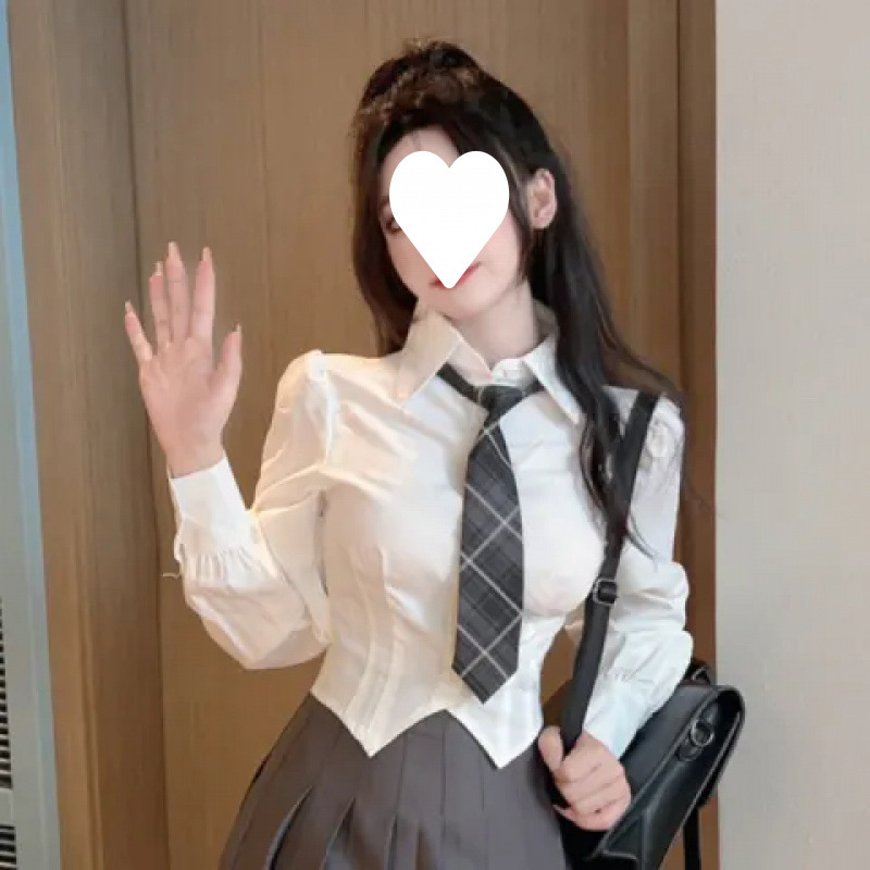 (2개) (시원한 실크면 틈새 디자인 감각) 가을 여성을위한 허리 유니폼 순수한 정욕 스타일 흰색 긴팔 슬림 핫 소녀 셔츠