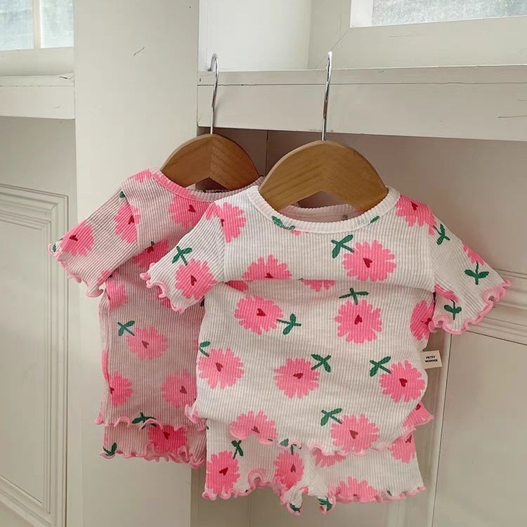 South Korea Summer Children's Full Printed Short-sleeved Shorts Home Clothes Two-piece Set Baby Girl's Western Style Pajamas suit Trendy