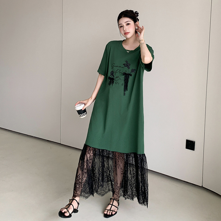 Cat-6664 Real Shot in Stock Summer New Style/Plus Size Long Dress with Lace Hem and 3D Decoration Short Sleeve Dress