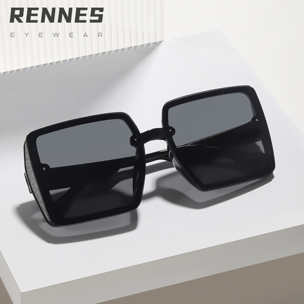 Retro de alto grado textura borde grueso brillo lado sin marco cuadrado negro gafas de sol de las mujeres cara grande adelgazamiento gafas de sol