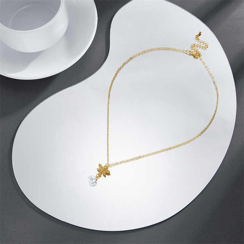 fashion 14k gold simple pearl butterfly zircon copper necklace