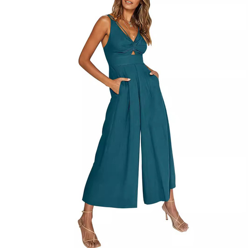European and American Summer Strappy V-Neck Hollowed-Out Pleated High-Waisted Wide-Leg Jumpsuit with Pockets for Women