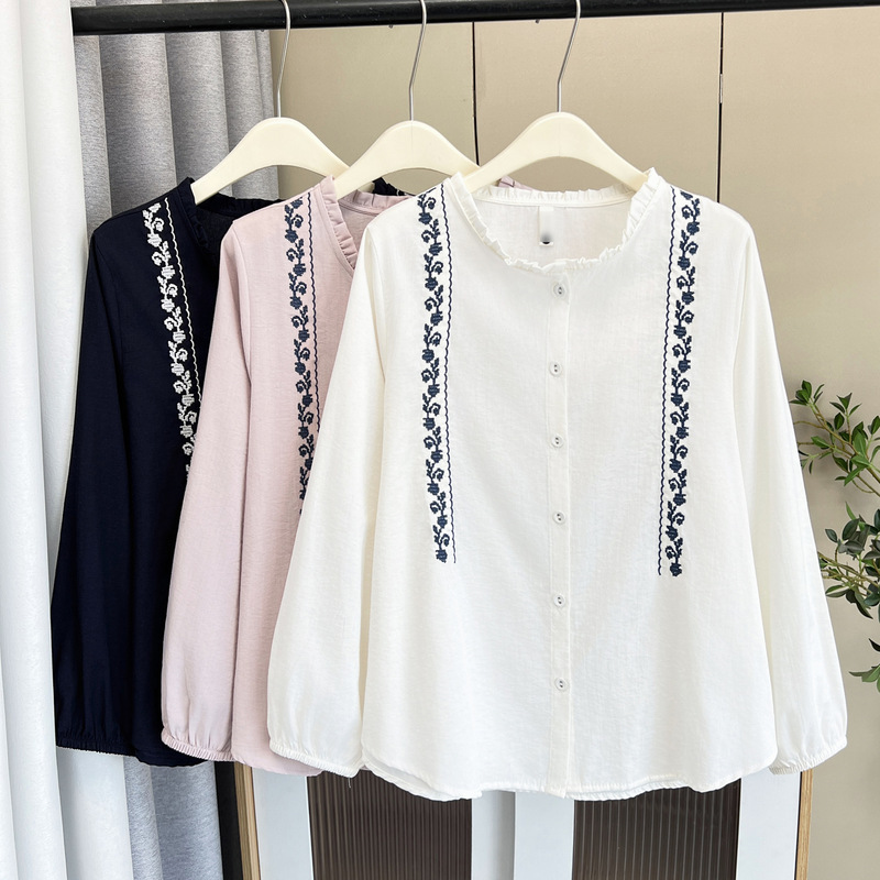 2025 New Autum Style 100kg Fat Girl Design Embroidered Lace Long-Sleeved Shirt Plus Size Women's Top 7884