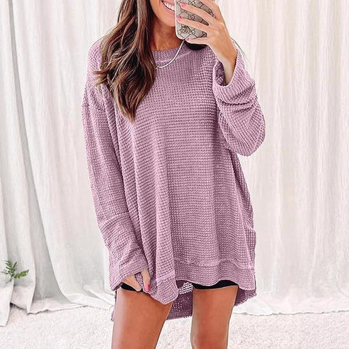 European and American-style fashionable solid-color waffle-texture loose-fitting round-neck long-sleeved slit top for women