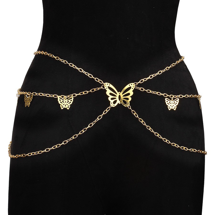 Многослойная поясная цепочка с золотой полой бабочкой