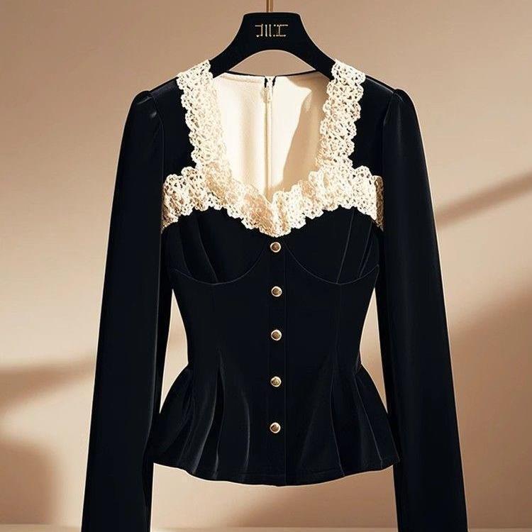 French-Style Exquisite Square-Neck Lace Splicing Velvet Top for Women, Autumn Mature Niche Design Waist-Cinching Blouse