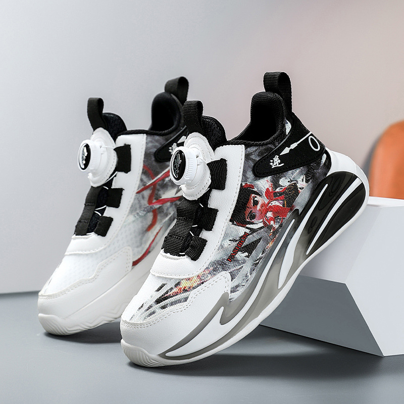 Zapatillas de baloncesto para niños, superficie de malla doble, transpirable, año de la serpiente, nuevo estilo, zapatillas de deporte con botones para niños, fricción y sonido, zapatillas para correr al aire libre