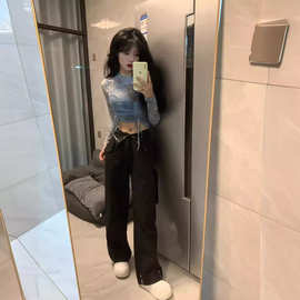 三标齐全~2024夏季新款辣妹圆领修身短款抽绳扎染印花打底衫上衣