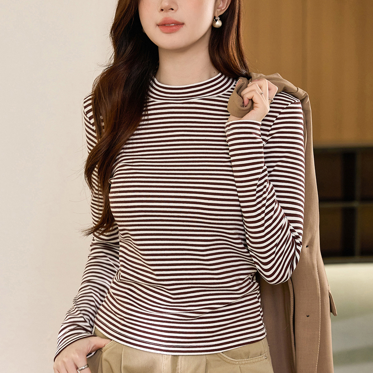 # Selection of Quality Goods #   Pure Cotton T-Shirt for Women, Long-Sleeved Stylish Striped Base Shirt, 2026 Autumn and Winter New Style, Half-High Collar Top.