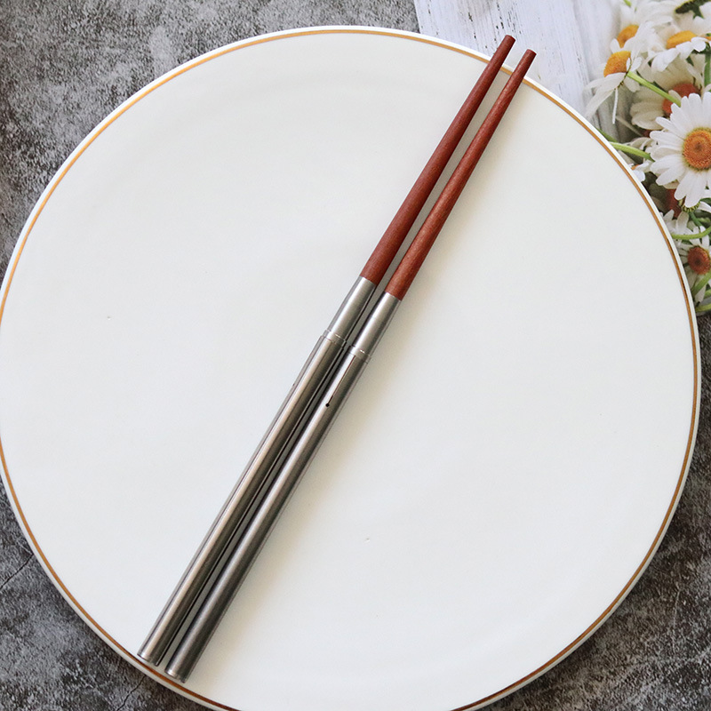 Acampar al aire libre plegable rojo sándalo palillos viaje de acero inoxidable ala de pollo Ebony palillos de almacenamiento portátil regalo