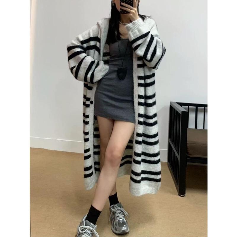 跨境新款慵懒风中长款宽松过膝连帽开衫毛衣外套女条纹秋冬针织|undefined