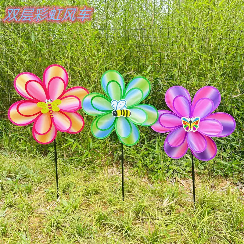 新款儿童户外彩虹双层布艺节日活动场地布置装饰塑料彩色风车批发