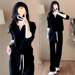 时尚休闲领长袖显瘦阔腿裤运动套装女春秋高级感减龄穿搭一整套