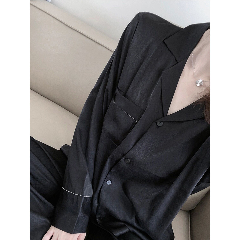 2025 新しいインターネットセレブレース長袖シンプルな黒の春と秋の長袖ズボンカーディガンパジャマ女性のルーズスーツ
