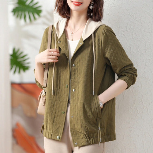 Mother's Autumn Stylish Outerwear 2024 New Arrival Middle-Aged Women's Early Autumn Thin Hooded Jacket Women's Top