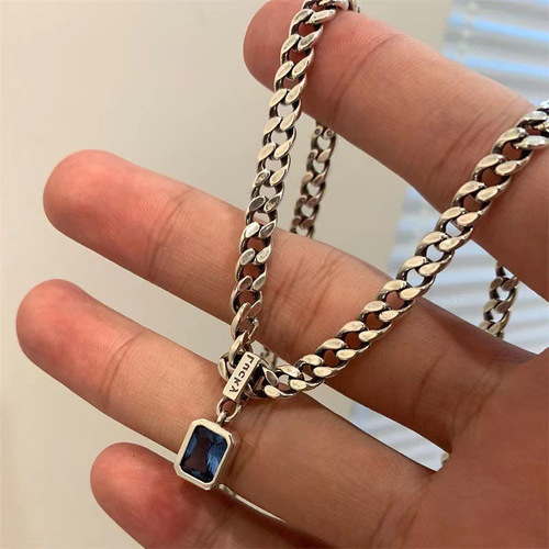 Mysterious Blue Zircon Necklace for Women, Retro Fashion S925 Silver Alphabet Geometric Clasp Necklace, Simple Hip-Hop Sweater Chain
