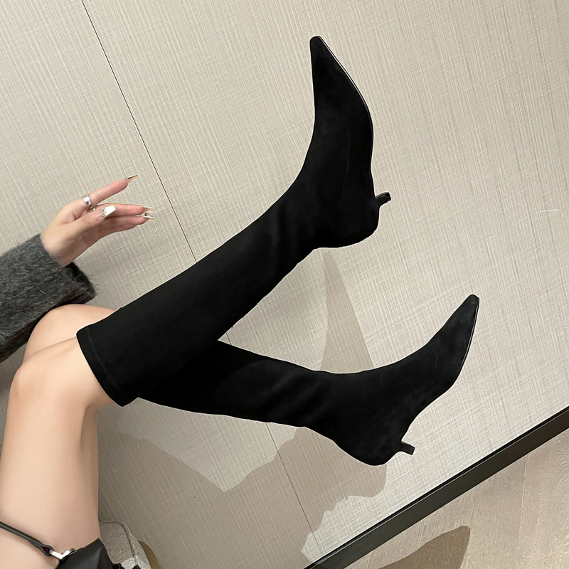 Gray Over-The-Knee Long Boots with Pointed Toe, ~3Cm Kitten Heel, Elastic Suede, Slim Fit, Flat Top, and Stylish Design