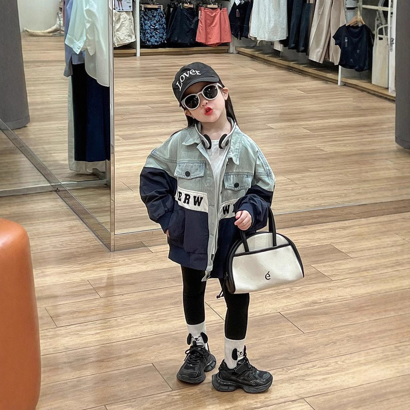 High-End Patchwork Girls' Denim Jacket Children's Top 2025 Autumn New Style Girls' Long-Sleeved Clothing Jacket Trendy