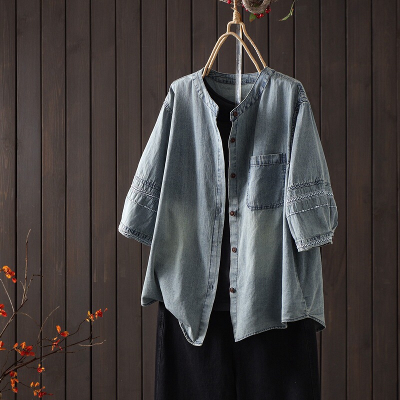 Denim Embroidered Mid-Sleeve Shirt 2026 Summer New Korean Style Washed Loose Cardigan Shirt Top 90022 Denim Embroidered Mid-Sleeve Shirt 2026 Summer New Korean Style Washed Loose Cardigan Shirt Top 90022