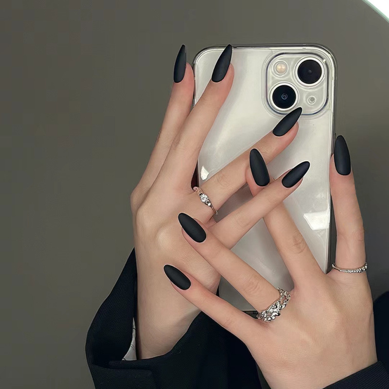 Almond Black Frosted Fake Nail Almond Tip Armor Matte Pure Black Water Drop Nail Art Dark Cross-Border Wear Armor