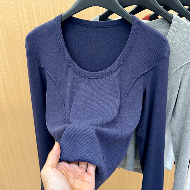 Camiseta simple de manga larga de hombro recto para mujer, primavera de 2025, nueva camiseta delgada de cuello redondo para mujer, top de cintura de espina de pescado image 8