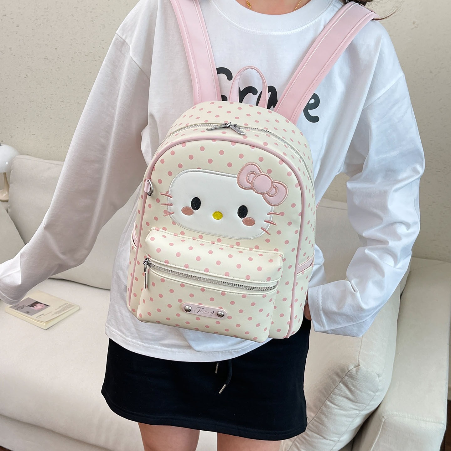 Mochila de hombro, mochila escolar, mochila de viaje de dibujos animados, gran capacidad, nueva versión coreana de 2026 lindo gato, punto de onda
