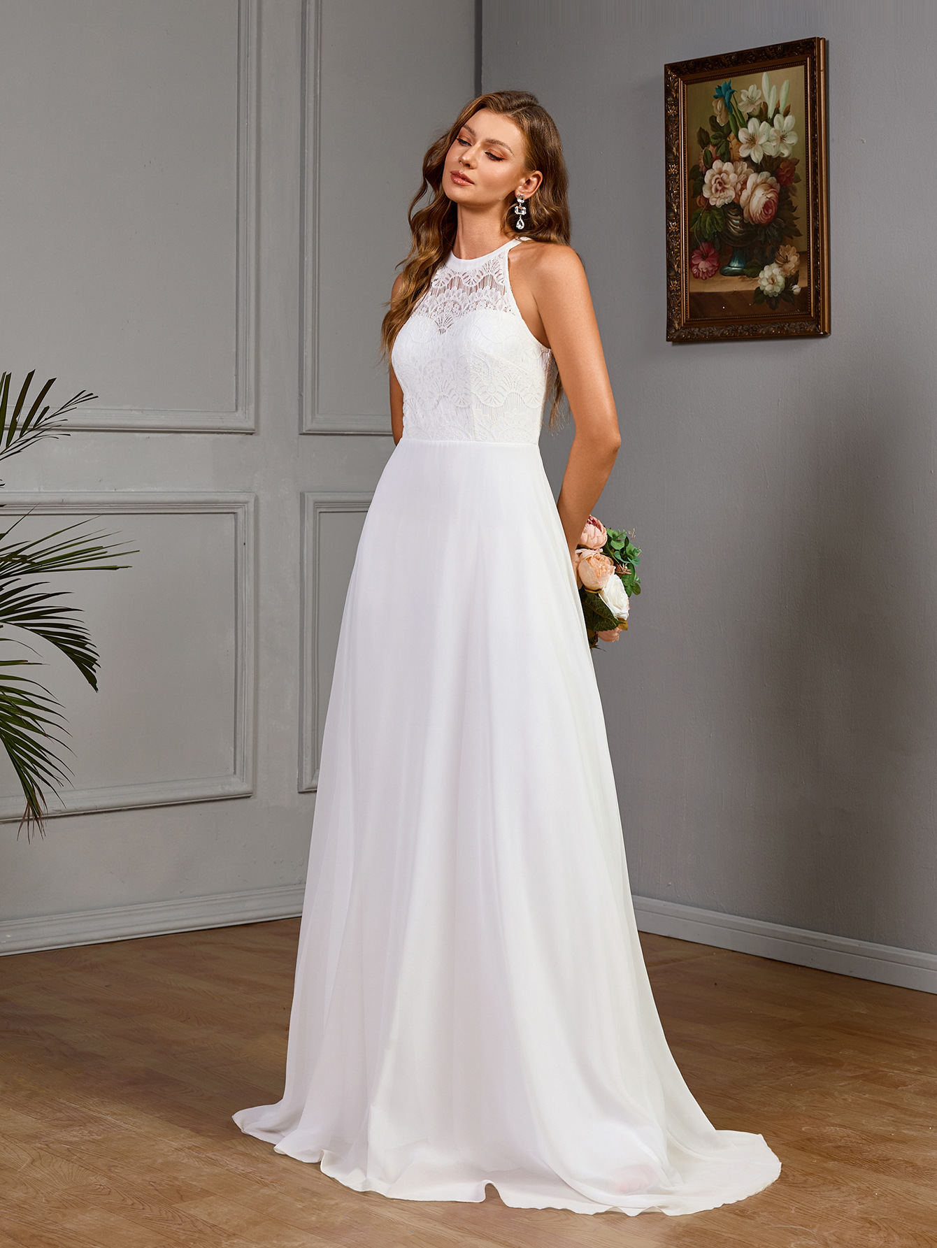 Spring Sleeveless Halter Dress Wedding Dress Bridesmaid Dress Solid Color Dress
